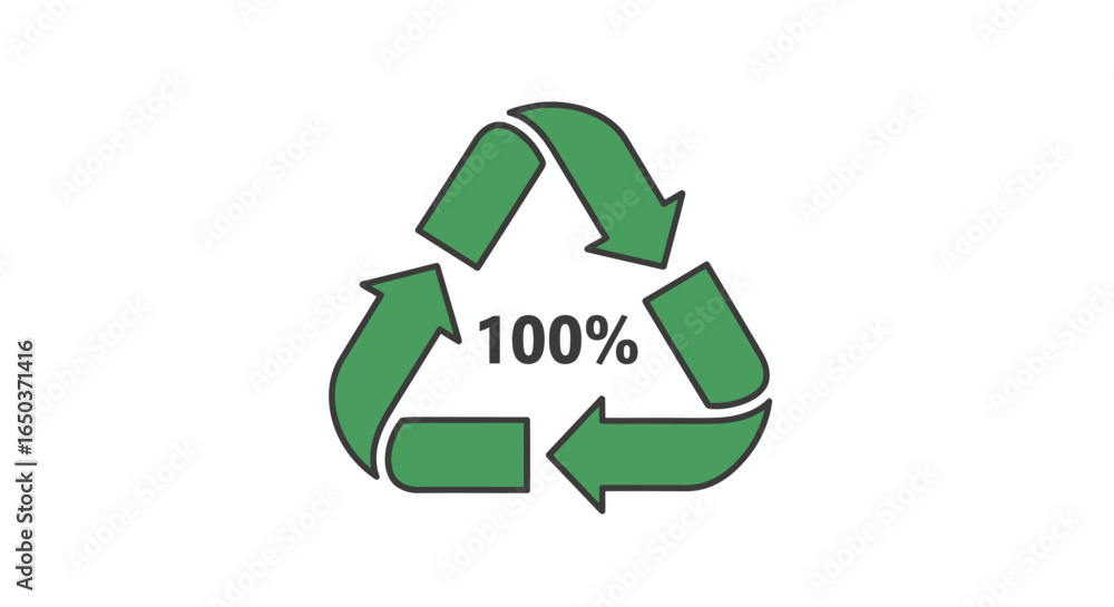 Fototapeta premium A green recycling symbol with three chasing arrows and the text 100% inside, indicating completely recyclable or recycled material.