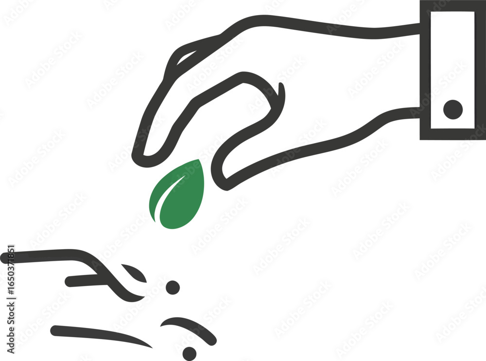 Obraz premium A large hand in a suit sleeve carefully drops a green leaf into a smaller hand, symbolizing growth.