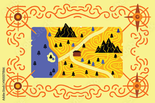 Hand drawn set of Stylized fantasy map with compasses mountains lake trees and a cabin within a decorative border Keywords: map, fantasy, adventure, journey, exploration, treasure, quest, navigation