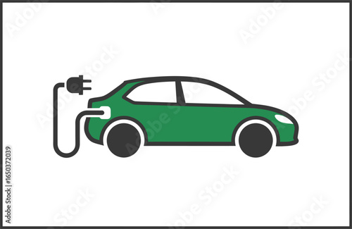 A simple icon of a green electric car connected to a charging cable and plug, representing EV technology.