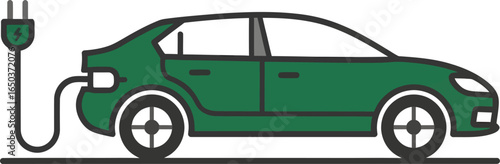 A simple graphic illustration of a green electric car plugged into a charger to refuel its battery.