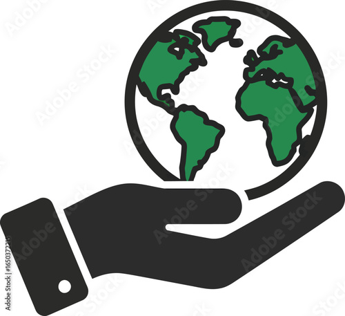 A simple black icon of a hand holding a green globe, symbolizing environmental care, sustainability, and global responsibility.