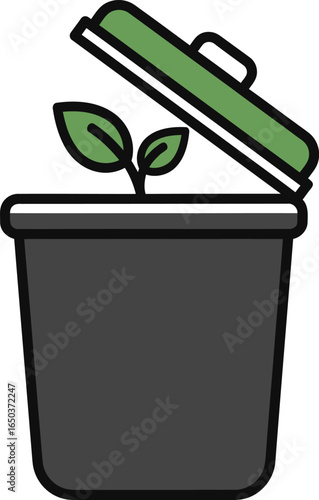 A green plant sprout with two leaves growing out of an open dark gray trash can, symbolizing composting and recycling.