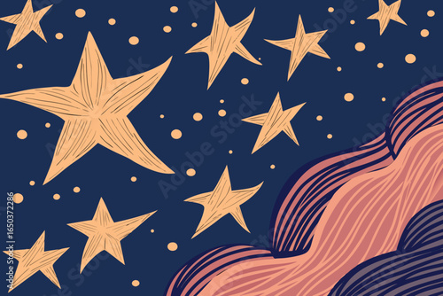 Hand drawn set of Whimsical Starry Night Sky with Abstract Wavy Shapes stars celestial