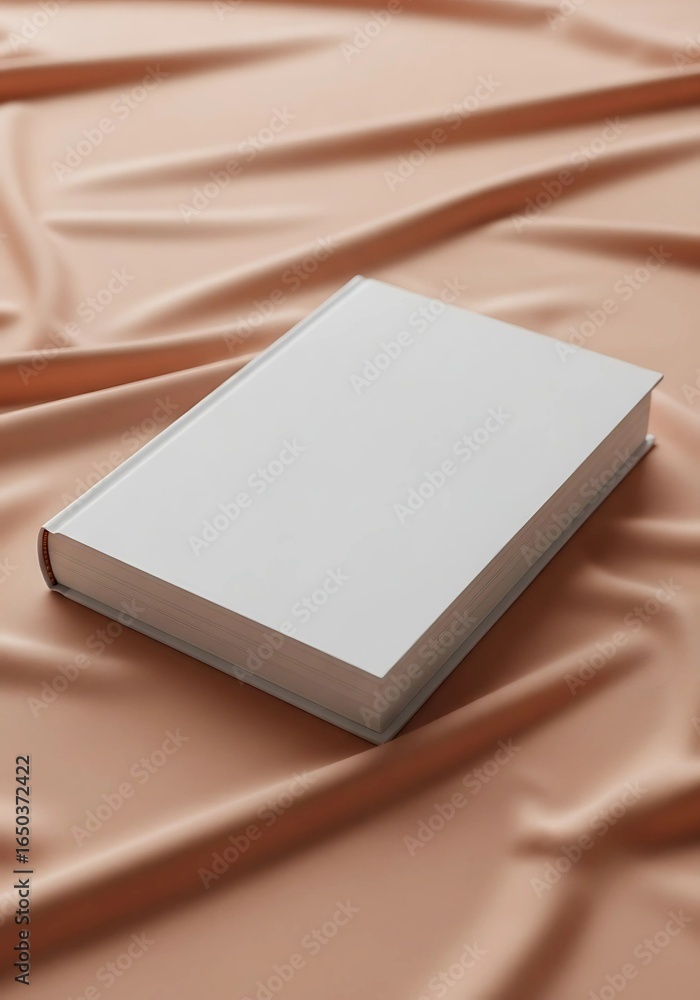 Fototapeta premium A white book resting on a peach colored satin fabric background view