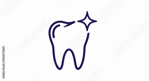 A minimalist dark blue line icon of a healthy, sparkling tooth, symbolizing dental care, whitening, and oral hygiene.