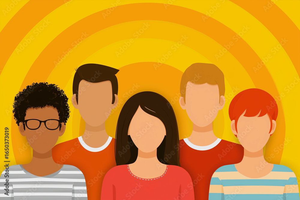 Fototapeta premium A group of people are standing in a circle, with one person wearing glasses