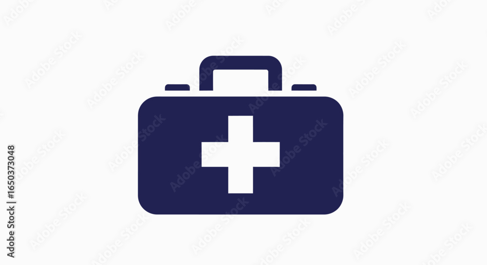 Fototapeta premium A dark blue first aid kit icon with a white cross, symbolizing medical help, healthcare, and emergency services.
