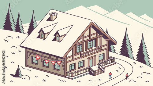 Illustration of a chalet in a snowy landscape with mountains and pine trees in the background scene