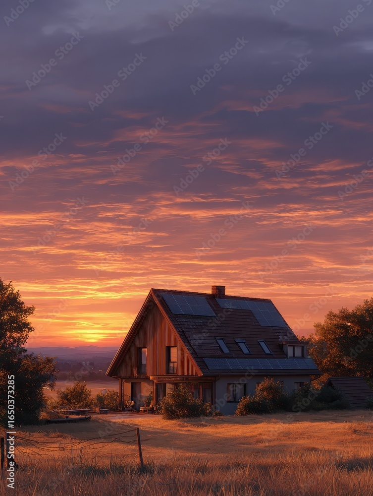 Fototapeta premium haus mit solardach bei sonnenaufgang