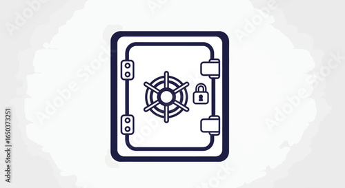 A minimalist line art icon of a locked bank vault door featuring a combination wheel, hinges, and a padlock on a light background.