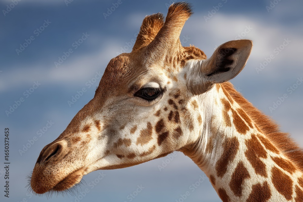 Fototapeta premium Closeup view of a realistic giraffe head showcasing intricate patterns against a blue sky during daylight in a natural habitat