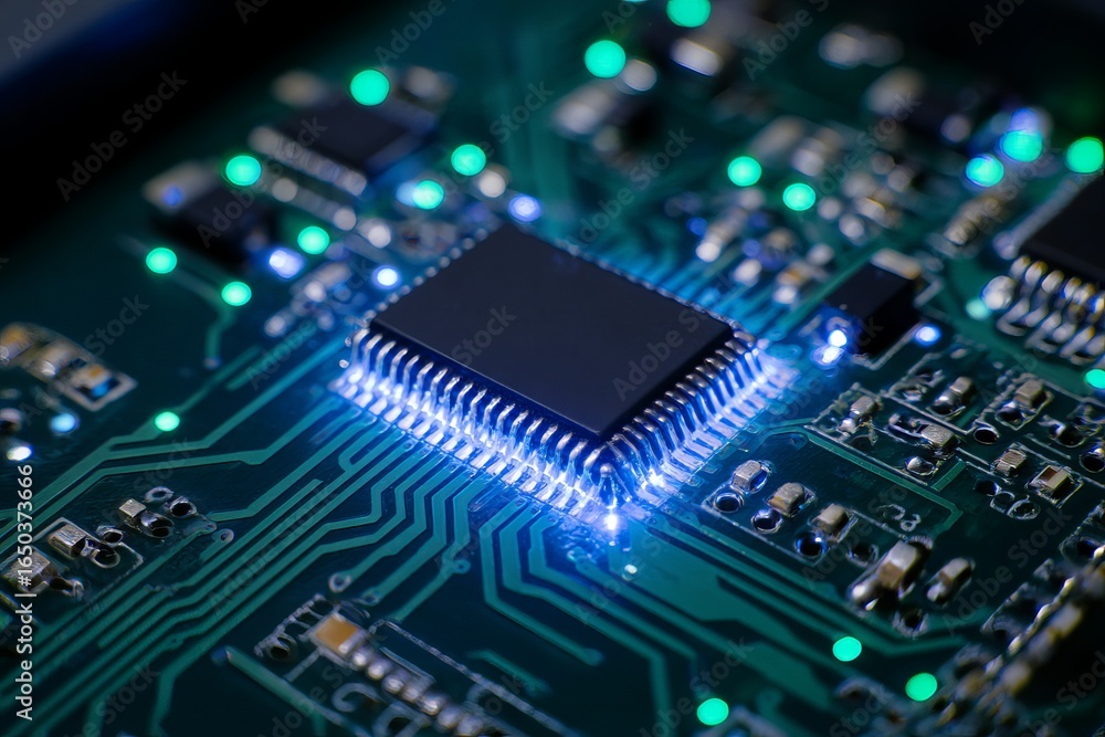 Close-up of a circuit board with a glowing chip (1) Close-up of a circuit board with a glowing chip (1)