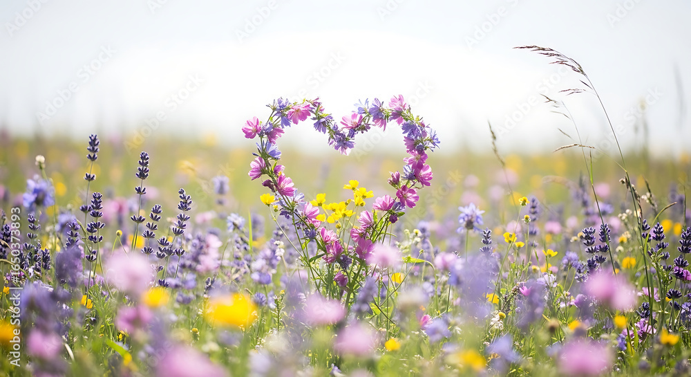 Fototapeta premium Heart shaped floral arrangement in a vibrant meadow with soft focus background and birds flying
