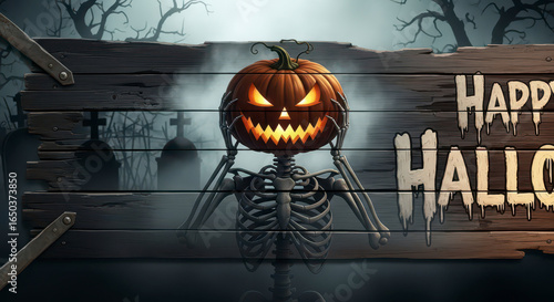 Spooky Skeleton with Jack-o-Lantern Head and Happy Halloween Message