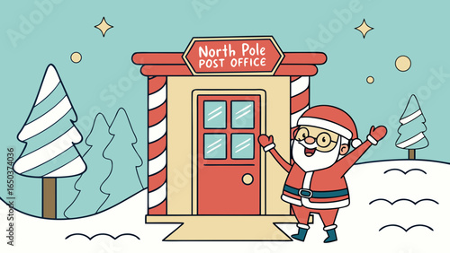 Illustration of santa claus waving in front of the north pole post office with snow covered trees and stars