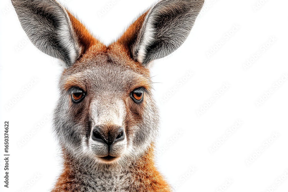 Fototapeta premium Red kangaroo with striking features stands calmly against a white background showcasing its unique facial structure and soft fur texture