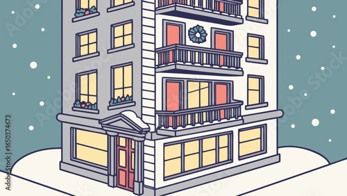 Illustration of a building with balconies and windows in a snowy winter scene with falling snowflakes
