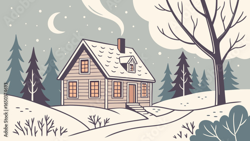Illustration of a snowy landscape with a cozy cabin and tall trees under a crescent moon sky
