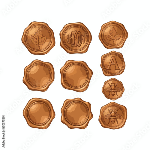 A collection of decorative, bronze-colored wax seal stamps with various designs.