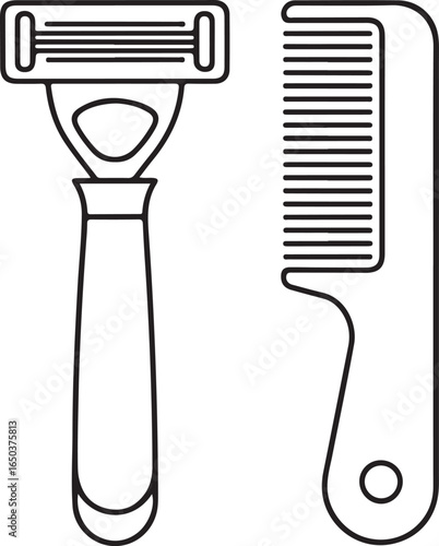 Simple line art illustration of a razor and a comb for grooming