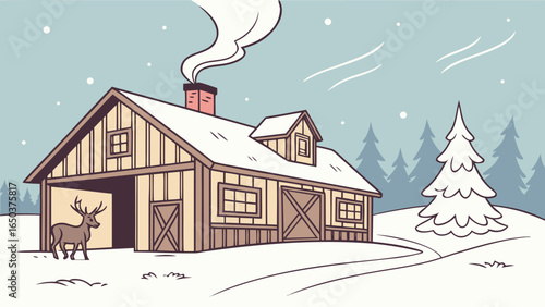 Illustration of a snow covered barn with smoke coming from the chimney and a deer standing inside the barn
