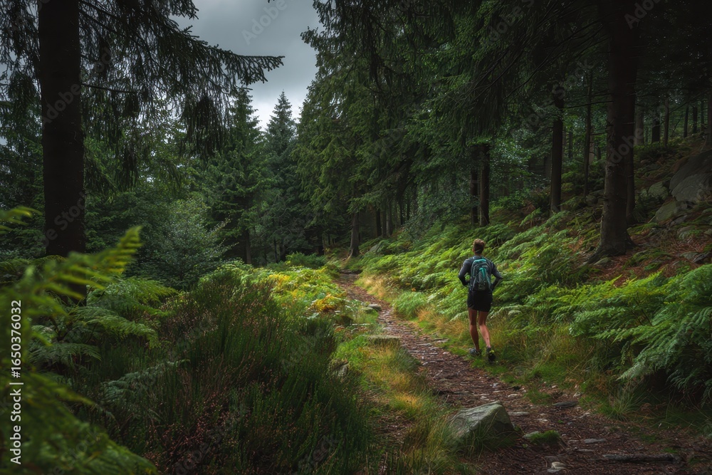Fototapeta premium Trailrunning through the serene forests of Erzgebirge in Germany during a cloudy day