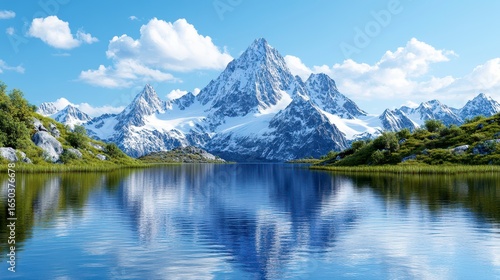 Pixelated Snow Capped Mountain Range Reflecting on Lake