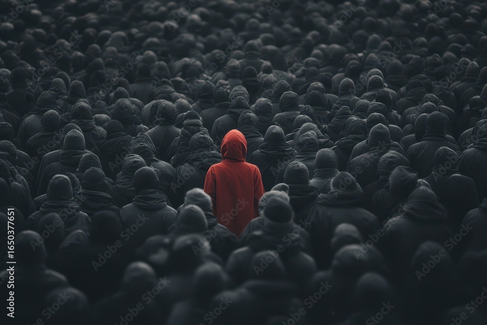 Obraz premium Person in red coat stands out in a dark crowd, creating a striking contrast during a bustling event at an urban location in the evening