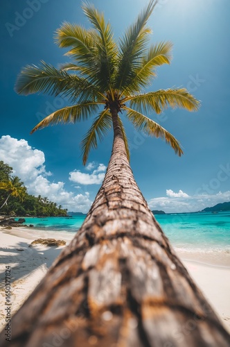 Tall Coconut tree with lush green leaves standing alone on the pristine white sandy beach of Jamaica, with clear turquoise water and a few rocks in the foreground.
