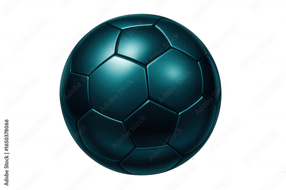 Fototapeta premium Teal soccer ball with metallic sheen, precisely rendered in 3d, floating against transparent backdrop, ideal for athletic graphic design