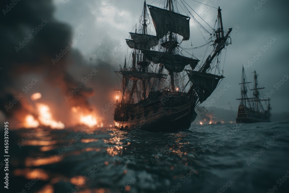 Obraz premium Pirate ship with black sails navigates through tumultuous waters approaching an ominous storm full of dark clouds and fierce winds