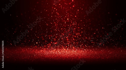 Red glitter particles falling on a red surface