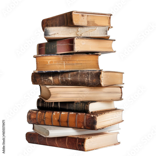 A tall stack of aged books, showing various colors and textures of leather and paper.  Many books have worn edges and spines, revealing age