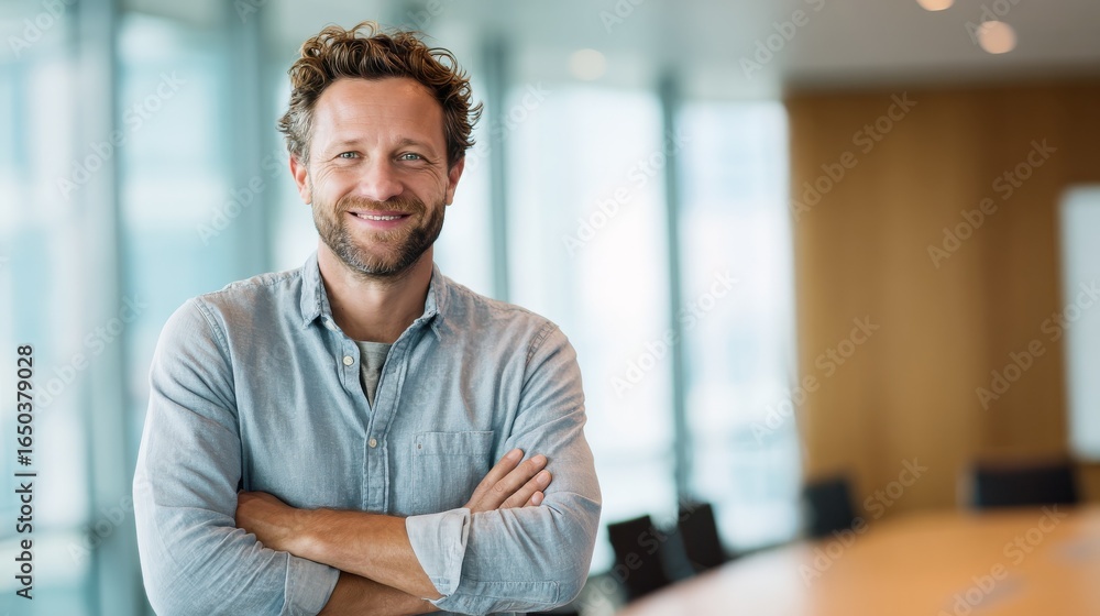 Obraz premium portrait of cheerful businessman with arms folded standing in conference room happy young business man in shirt looking at camera portrait of a smiling businessman in modern office with copy space no
