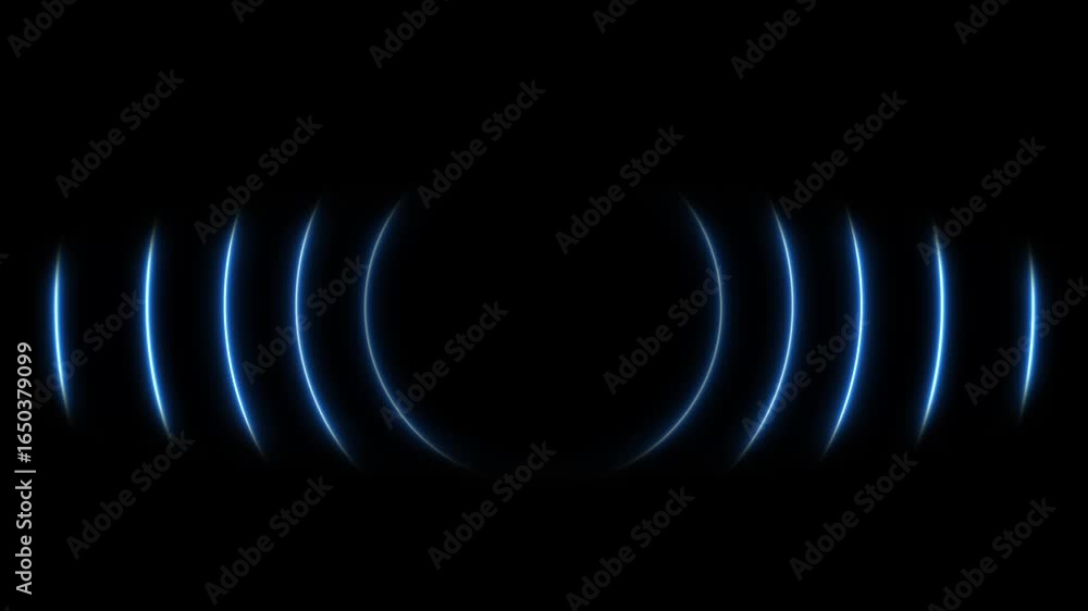 Blue neon glowing sound waves loop animation. Bright radial pulsating lights. Audio waveform, radio wave signal, radar, connection, on black backround 4k video