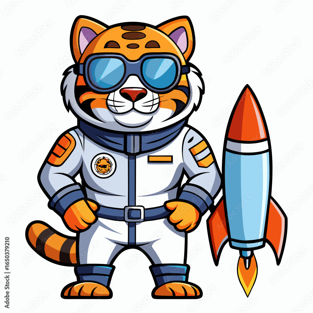 Obraz premium Illustration of a tiger mascot wearing an astronaut uniform with a rocket beside it.