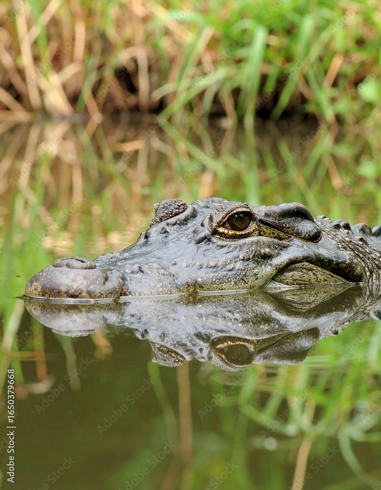 Obraz premium A crocodile's head and reflection in calm water, surrounded by green vegetation