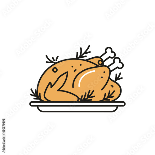 A stylized illustration of a roasted turkey on a platter, garnished with herbs, presented in a simple, outlined design.