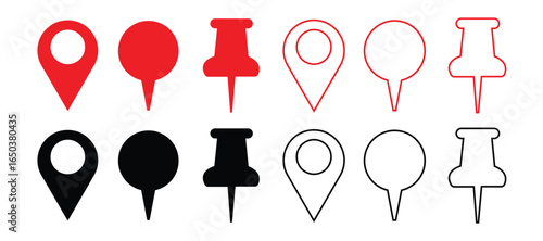 map pins and pushpins in red, black, and outline styles for navigation and design projects