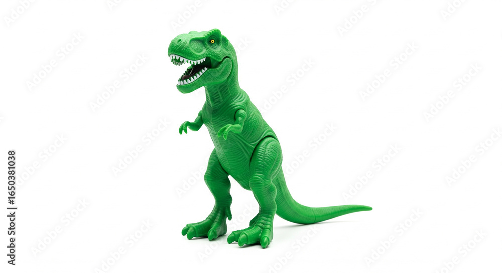 Fototapeta premium Green Plastic Toy Dinosaur in Roaring Pose on Isolated transparent background