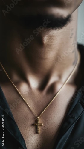 A young male model wearing a gold cross necklace, exuding modern fashion with faith-inspired symbolism.