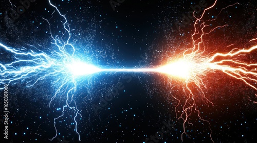 Abstract cosmic energy clash with vibrant blue and orange lightning effects