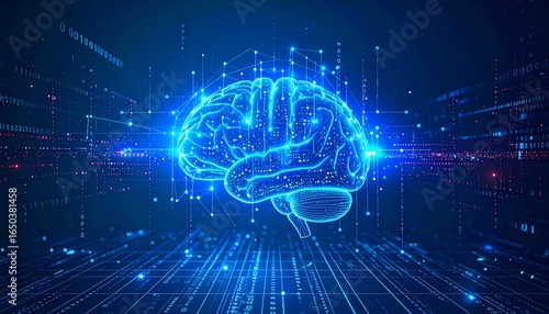 Futuristic digital brain with glowing neural pathways and abstract data streams.