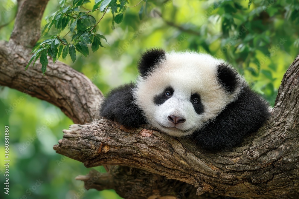 Fototapeta premium Young giant panda enjoys resting on a tree branch surrounded by lush greenery during a sunny day in its natural habitat