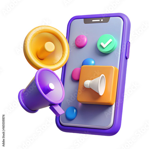 3d digital marketing icons with megaphone and smartphone isolated on transparent background