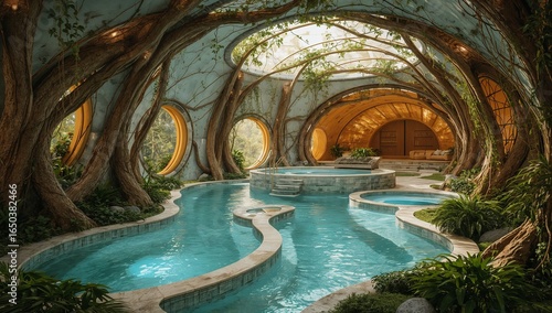 Beautiful luxury hot tub & swimming lounge inside of a futuristic house with trees and vines growing inside, swimming pools of bright blue water, and a modern architecture.