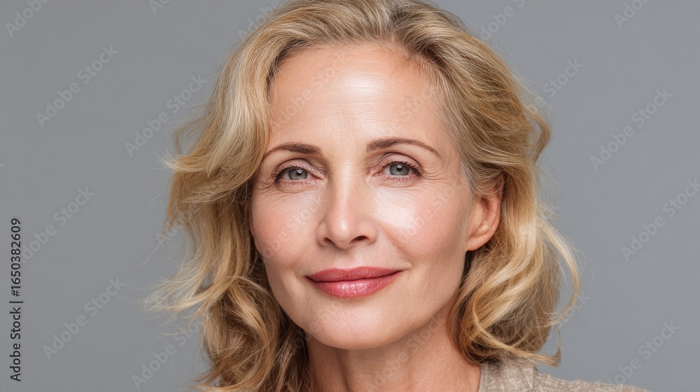 Fototapeta premium smiling sophisticated 50s middle aged blond business woman looking at camera happy mature elegant old lady isolated advertising products or services on grey background headshot close up portrait no l