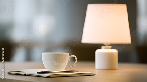 A developer's workstation with an empty notebook and coffee mug under soft desk lamp lighting.