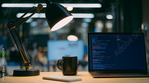 A developer's workstation with an empty notebook and coffee mug under soft desk lamp lighting.